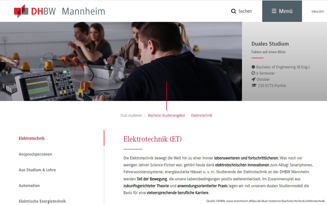 Website der DHBW Mannheim Dualer Studiengang Elektrotechnik
